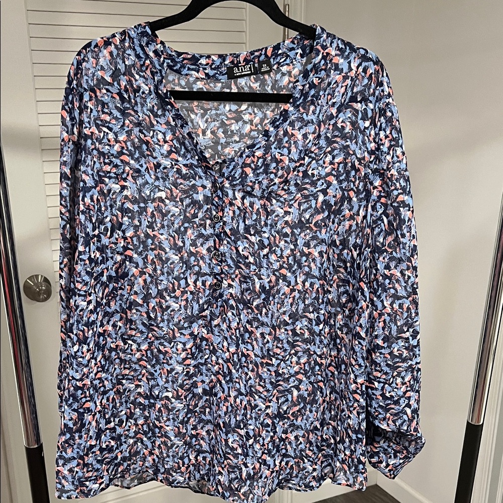 a.n.a Navy and Pink Abstract V-Neck Blouse